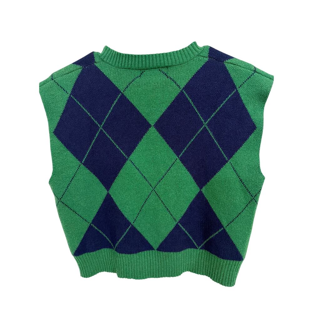 Cider Argyle Sweater Vest Green Navy V-Neck Knit Cropped Preppy Size M - Picture 3 of 3